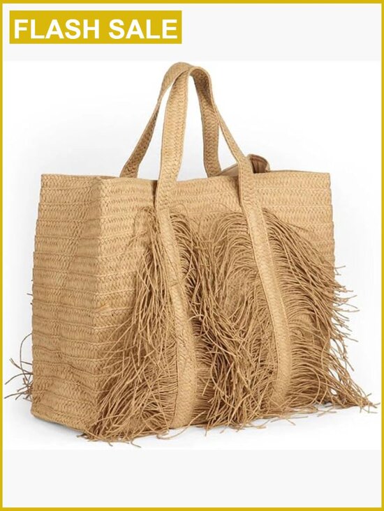 Handbags - Woven Straw Tote Bag with Fringe Tassel Large Beach Shoulder Bag